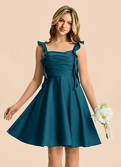 Azazie Kira Junior Ink Blue A-Line Ruched Stretch Satin Dress image1