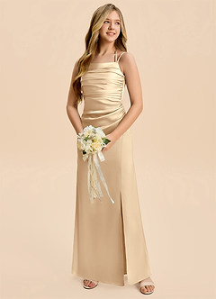 Azazie Nova Junior Champagne Sheath Pleated Stretch Satin Dress image3