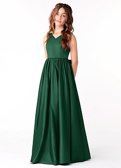 Azazie Hathaway Junior Dark Green A-Line Bow Stretch Satin Dress image3