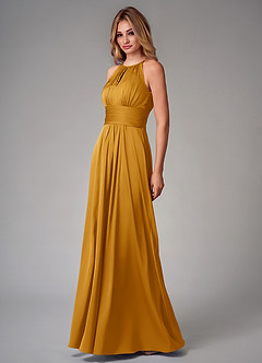 Azazie Bonnie Bridesmaid Dresses Butterscotch A-Line Pleated Stretch Satin Dress image3