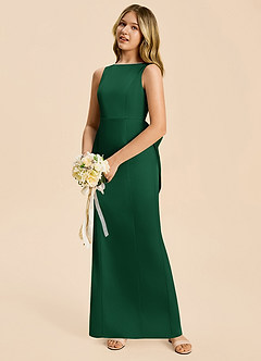 Azazie Emi Junior Dark Green Sheath Bow Stretch Satin Dress image2