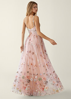 Irisqun Pink 3D Flowers Sequin Embroidery Beading Tulle Prom Dress image2