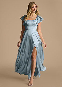 Azazie Bondi Bridesmaid Dresses Dusty Blue A-Line Bow Metallic Satin Dress image6