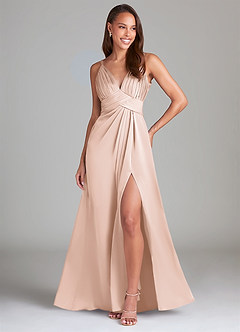 Azazie Maren Allure Bridesmaid Dresses Blushing Pink A-Line Lace Stretch Satin Dress image1