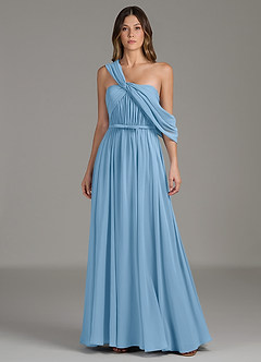 Azazie Nyah Bridesmaid Dresses Steel Blue A-Line Off the Shoulder Chiffon Dress image1