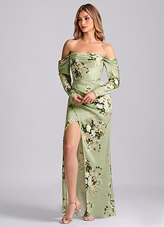 Azazie Hallie Jurken voor bruidsmeisjes Converteerbaar Jurk van Stretch Satijn met Zeemeermin Off-the-shoulder lange mouw Bloemenranken image4