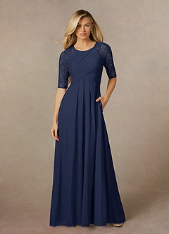 Azazie Raelyn At-home Try On Dresses Dark Navy A-Line Lace Mesh Dress image1