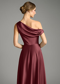 Azazie Xanthe Bridesmaid Dresses Merlot A-Line Off the Shoulder Stretch Satin Dress image6