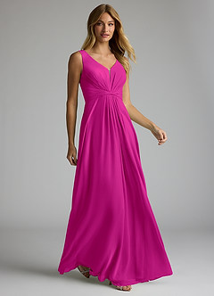 Azazie Gina Vestidos de damas de honor Vestido de Fucsia de Gasa de Corte en A con Cuello en V Plisado image4