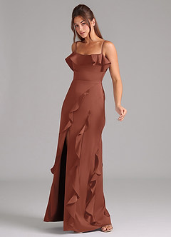 Azazie Malia Bridesmaid Dresses Auburn A-Line Side Slit Stretch Satin Dress image4