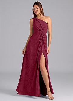 Azazie Brooke Bridesmaid Dresses Burgundy A-Line One Shoulder Floral Burnout Dress image1