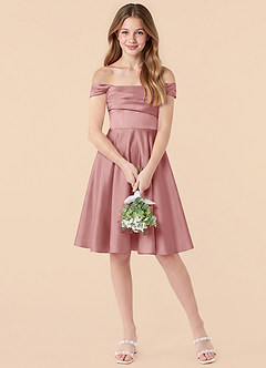 Azazie Amira Junior Vestido de Rosa Polvorienta de Satén Elástico de Corte en A con Plisado image3