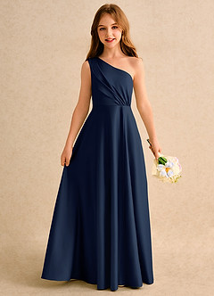 Azazie Puddles Girls Formal Flower Girl Dresses Dark Navy A-Line One Shoulder Matte Satin Dress image1