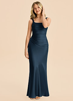 Azazie Agustina Junior Dark Navy Sheath Pleated Stretch Satin Dress image3