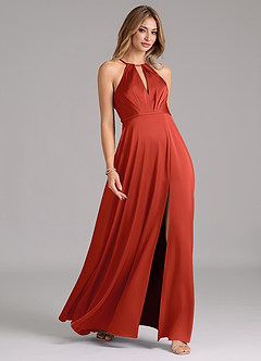Azazie Evalleen Bridesmaid Dresses Rust A-Line Pleated Stretch Satin Dress image5