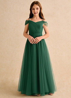 Azazie Yuna Girls Formal Abiti da Ragazza di Fiori Abito A-Line in Tulle Spalle Scoperte Verde Scuro image4