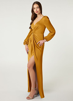 Azazie Mel Bridesmaid Dresses Butterscotch Sheath Long Sleeve Stretch Satin Dress image3