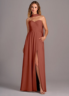 Azazie Joni Robes de demoiselle d'honneur Robe Trapèze Convertible en Mousseline de soie Sans bretelle Auburn image1