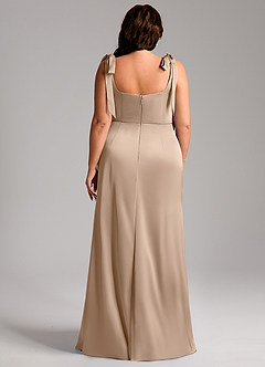 Azazie Frostine Bridesmaid Dresses Taupe A-Line Bow Stretch Satin Dress image13