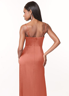 Azazie Maci Brautjungfernkleider A-Linie V-Hals Gefaltet Stretch-Satin Kleid Lachsrosa image4