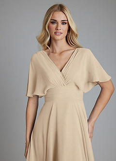 Azazie Pamela Vestidos de damas de honor Vestido de Champán de Gasa de Corte en A con Cuello en V plisado image5