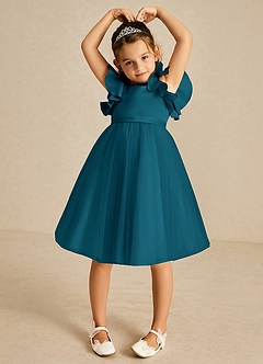 Azazie Kaeya Flower Girl Dresses Ink Blue A-Line Bow Tulle Dress image3