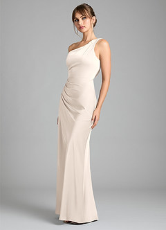 Azazie Madelyn Vestidos de damas de honor Vestido Alabastro Blanco de Satén Elástico de Corte Sirena Convertible con Un hombro image6