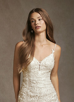 Azazie Josephine Final Sale Diamond White Nude Mermaid V-Neck Sequins Tulle Dress image5