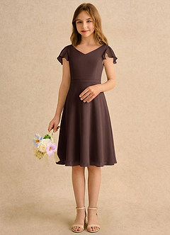 Azazie Narin Girls Formal Flower Girl Dresses Ganache A-Line with Sleeves Chiffon Dress image3