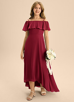 Azazie Maggie Junior Vestido de Borgoña de Gasa de Corte En A con Vestidos sin tirantes image3