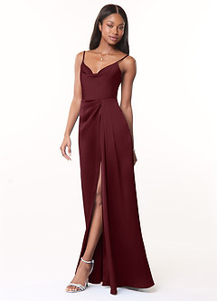 Azazie Brielle Bridesmaid Dresses Cabernet A-Line Cowl Spaghetti Straps Stretch Satin Dress image3