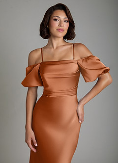Azazie Lea Bridesmaid Dresses Copper Mermaid Off the Shoulder Stretch Satin Convertible Dress image3