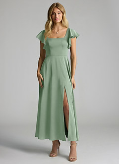 Azazie Bondi Abiti da Damigella Abito A-Line in Raso Elasticizzato Increspato Matcha image4