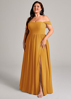 Azazie Calianna 신부 들러리 드레스 A라인 오프 더 숄더 쉬폰 바닥 길이 드레스 image12