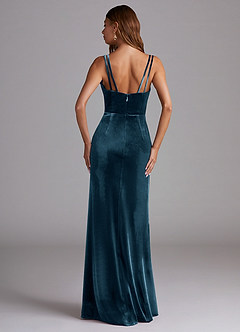 Azazie Leo Bridesmaid Dresses Blue Topaz Sheath Pleated Velvet Dress image2