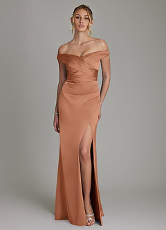 Azazie Teyana Bridesmaid Dresses Bronzer Sheath Off the Shoulder Stretch Satin Dress image4