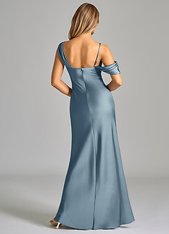Azazie Celina Bridesmaid Dresses Dusty Blue Sheath Off the Shoulder Stretch Satin Dress image2