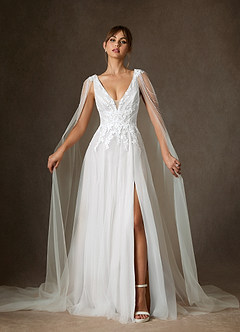 Azazie Goddess Wedding Dresses Diamond White A-Line V-Neck Sequins Tulle Dress image1