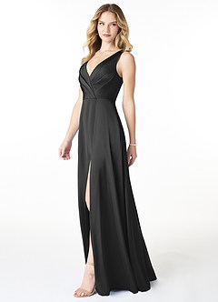 Azazie Nelly Bridesmaid Dresses Black A-Line V-Neck Pleated Stretch Satin Dress image3
