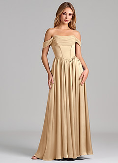 Azazie Raisa Bridesmaid Dresses Champagne A-Line Off the Shoulder Stretch Satin Dress image4