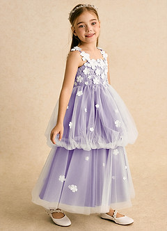 Azazie Teacup vestidos de niña de las flores Vestido de Marfil Tahití de Tul de Princesa con Encaje image1