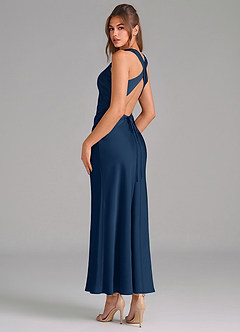 Azazie Evadne Vestidos de damas de honor Vestido de Azul Marino Oscuro de Satén Elástico de Corte Recto con Plisado image2