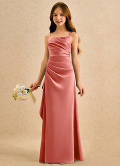 Azazie Cannoli Girls Formal Robe Demoiselle D'honneur Fillette Robe Trapèze en Mat Satiné Plissée Rose Saumon image5