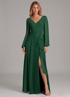 Azazie Simone Vestidos de damas de honor Vestido de Verde Oscuro de Gasa de Corte en A con Manga larga image3