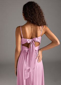 Azazie Zeya Vestidos de damas de honor Vestido Rosa Caramelo de Satén Elástico de Línea A con Plisado image4