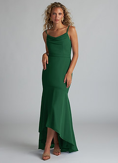 Azazie Summer Bridesmaid Dresses Dark Green Mermaid Scoop Cowl Chiffon Dress image1