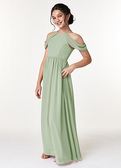 Azazie Seneca Junior Abito A-Line in Chiffon a Spalla Scoperta Verde Salvia image4