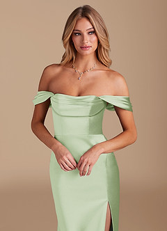 Azazie Saige Bridesmaid Dresses Dusty Sage A-Line Off the Shoulder Metallic Satin Convertible Dress image3