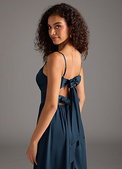 Azazie Zeya Bridesmaid Dresses Dark Navy A-Line Pleated Stretch Satin Dress image5