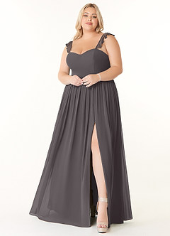 Azazie Metz Abiti da Damigella Abito A-Line in Chiffon Increspato con Scollo a Cuore Grigio Acciaio image7